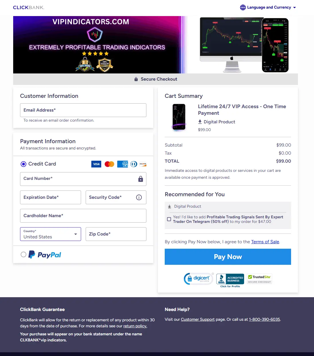 VIP Indicators Clickbank secure Checkout Page